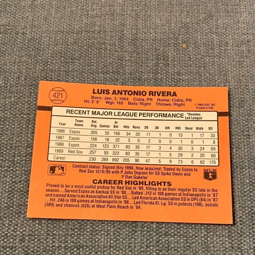1990 Donruss Boston Red Sox Baseball Card Trading Card